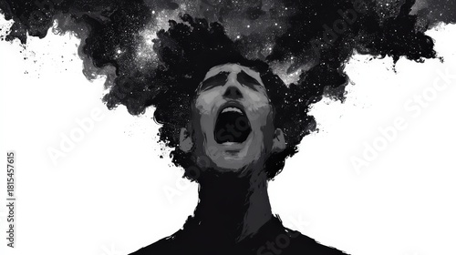A dramatic illustration of a person screaming, with swirling cosmic elements emerging from their head, symbolizing deep emotions and mental turmoil.