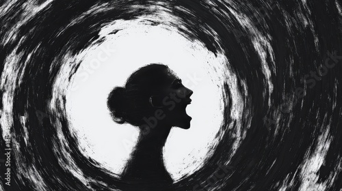 A dramatic silhouette of a woman screaming, surrounded by swirling black and white patterns, evokes themes of emotion and inner turmoil.