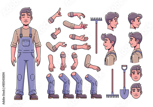 Cartoon farmer character animation kit with separate body parts, multiple head views, and gardening tools