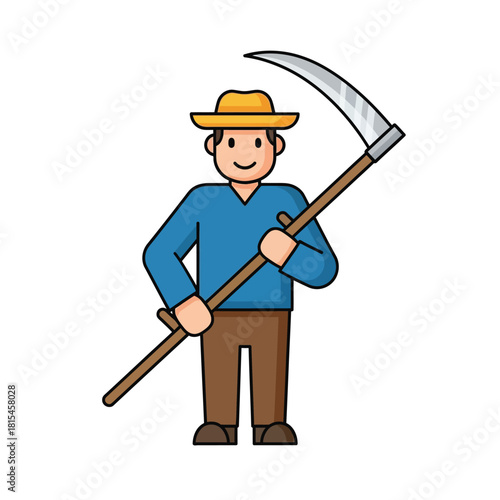 Illustration of a farmer with a scythe standing in a field of agriculture