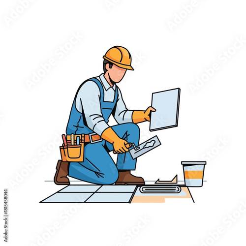 Skilled Tiler Kneeling, Applying Tile with Trowel, Wearing Protective Gear