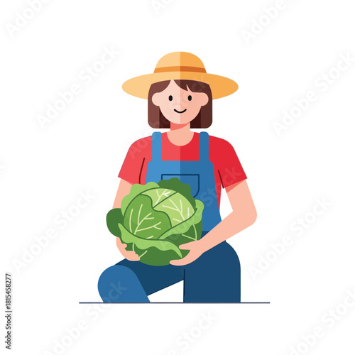 Farmer Holding Fresh Cabbage Growing Vegetables, Harvest Time