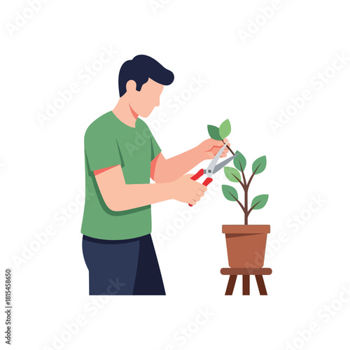 Gardener Pruning Plant in Pot Tending to Greenery with Scissors