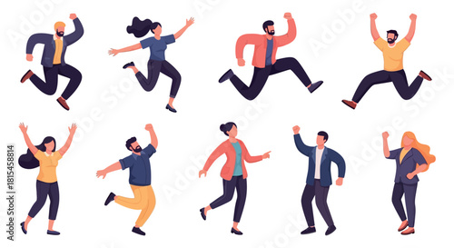 Energetic diverse people jumping with joy celebrating success in vector illustration set