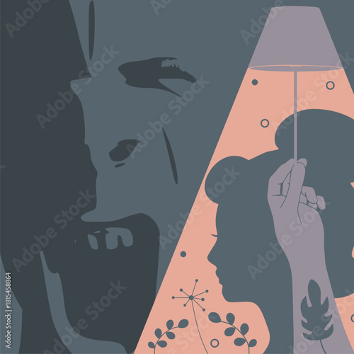 Social concept of sexual assault , domestic violence and harassment. Justice and protection. Aggressive husband blaming and threatening his wife.