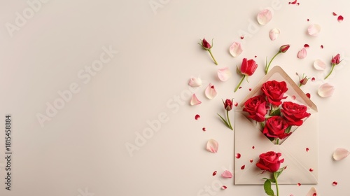 Flat lay red flowers and envelope on gray with copy space.