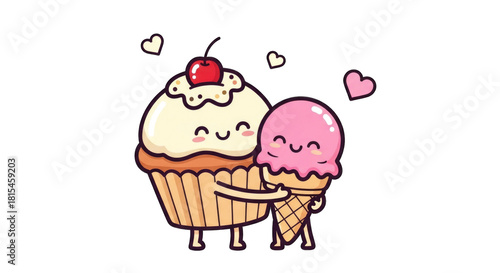 Adorable Cupcake and Ice Cream Cone Embracing with Hearts.