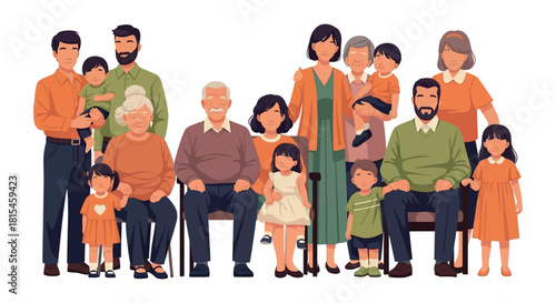 A large multi-generational family posing for a photo, capturing moments of togetherness and diverse ages