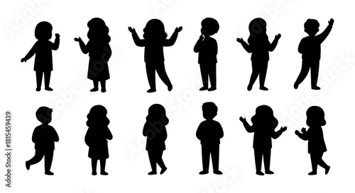 Collection of diverse children silhouettes in playful poses, showcasing a variety of kids in black vector graphics for design projects and educational materials