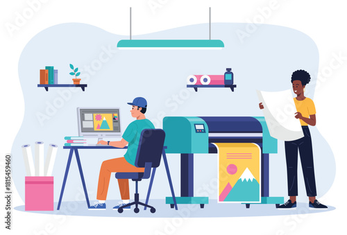 Graphic Design Team Working with Large Format Printer