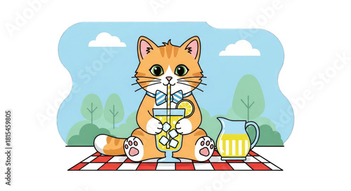Adorable orange cartoon cat drinking lemonade from a glass.