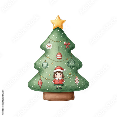 Wallpaper Mural Cute watercolor illustration of a little girl in a Santa hat standing in front of a festive Christmas tree adorned with ornaments and a golden star on top. Torontodigital.ca