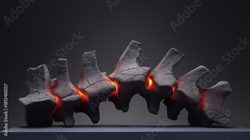 foremost. A sculptural representation of a human spine made of cracked stone with five points of intense pressure glowing warmly. wellbeing guides.