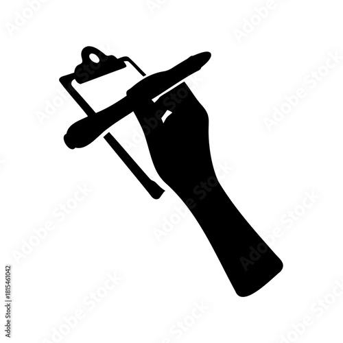 Hand with pen writing on clipboard vector icon silhouette Vector, illustration