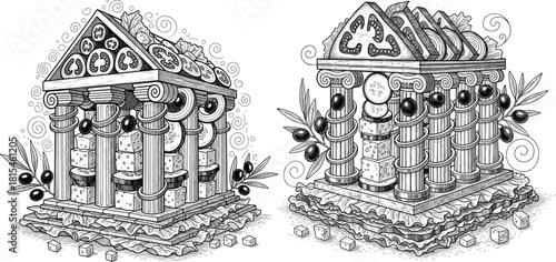 Engraved Greek Salad Temple Vector Set Featuring Detailed Architectural Culinary Artwork in Vintage Monochrome Style