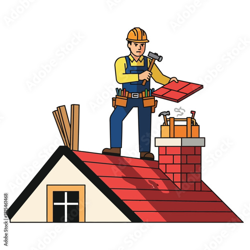 Roofer Installing Roof Tiles on House Chimney with Hammer Illustration