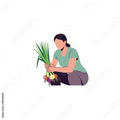 Woman Harvesting Onions, a Bounty of Garden Vegetables