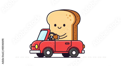 Animated Toast Slice Driving a Red Car with a Smile.