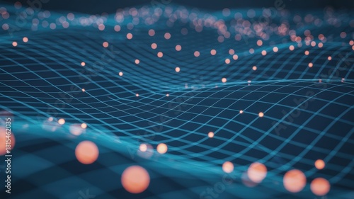 Dynamic blue grid with glowing spheres, a modern abstract background for technology, science, or futuristic business concepts with a sense of connectivity