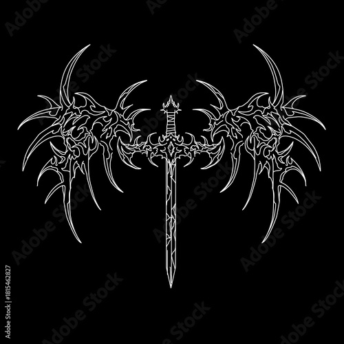 Medieval sword with wings in neo tribal cyber sigilism style vector design