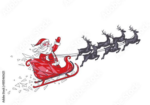 Geometric Santa Claus in faceted red sleigh pulled by six stylized reindeer waving hand flying.