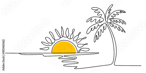 Continuous line sunset and palm tree isolated on transparent background, isolated on white background, Vector, illustration