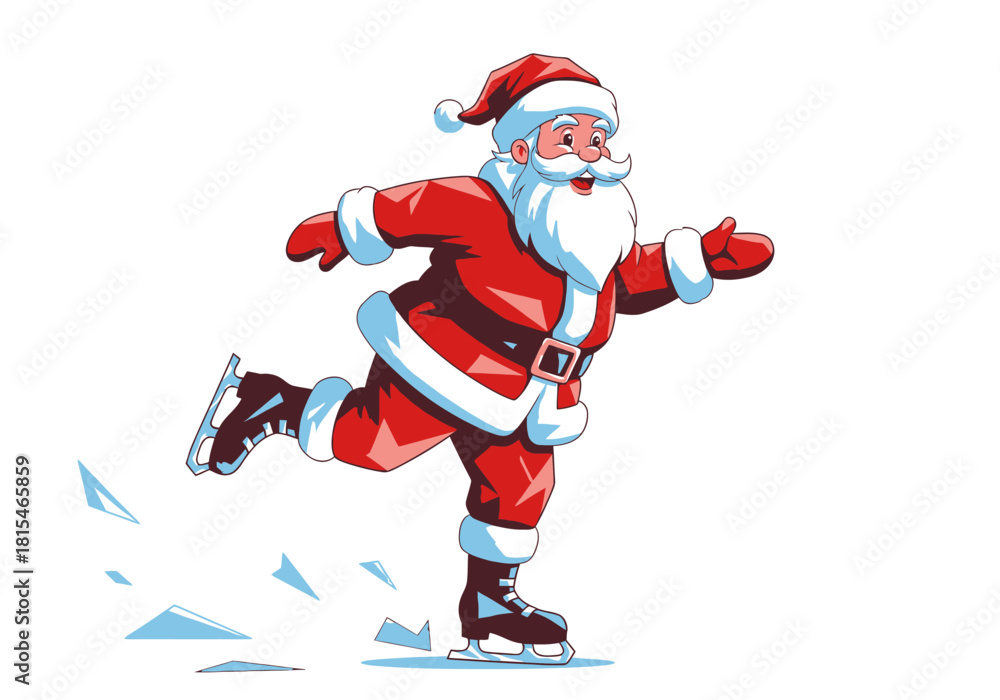 Fototapeta premium Happy cartoon Santa Claus in a red suit gracefully ice skating with a joyful expression.