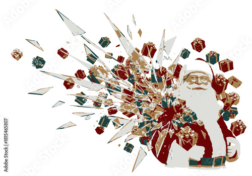 Santa Claus with Exploding Gifts Red Suit White Beard Holiday Cheer.