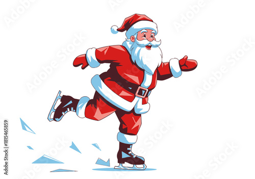 Happy cartoon Santa Claus in a red suit gracefully ice skating with a joyful expression.