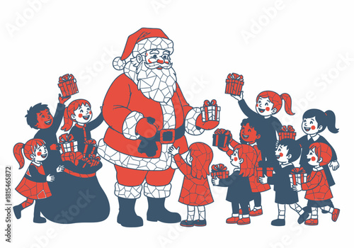 Stylized twocolor illustration of Santa Claus with a mosaic texture giving gifts to excited children.