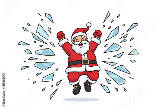 Exuberant cartoon Santa Claus jumping with arms raised celebrating festive joy and triumph.