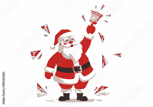 Cheerful Santa Claus ringing a festive Christmas bell wearing his iconic red suit and white beard.