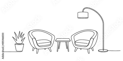 Continuous line drawing of a modern lounge area isolated on transparent background, isolated on white background, Vector, illustration