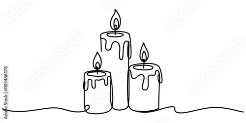 Continuous line drawing of three candles isolated on transparent background, isolated on white background, Vector, illustration