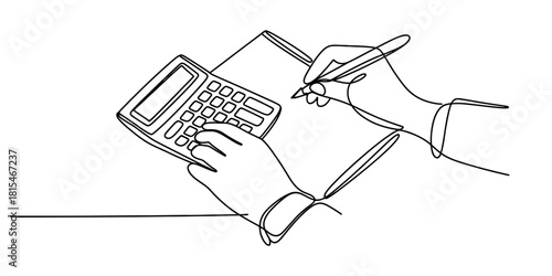 Continuous line drawing of hands with calculator and pen isolated on transparent background, isolated on white background, Vector, illustration
