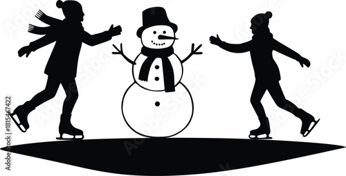 Silhouette of Ice Skaters Playing Near a Snowman in Winter