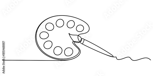Continuous line art of paint palette and brush isolated on transparent background, isolated on white background, Vector, illustration