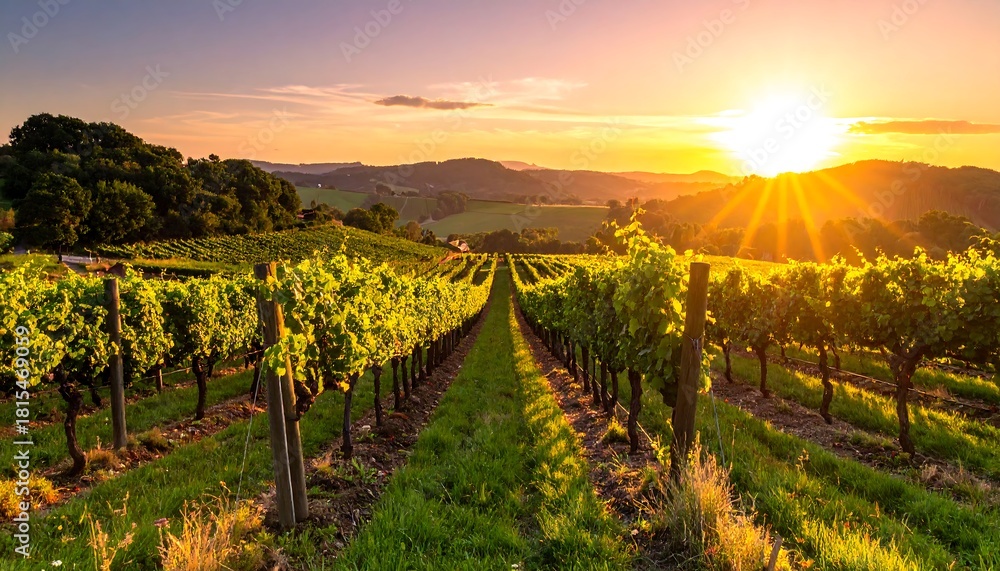 Naklejka premium A scenic view captures rows of grapevines bathed in golden sunlight. Rolling hills and a bright sun grace the horizon. Lush landscape