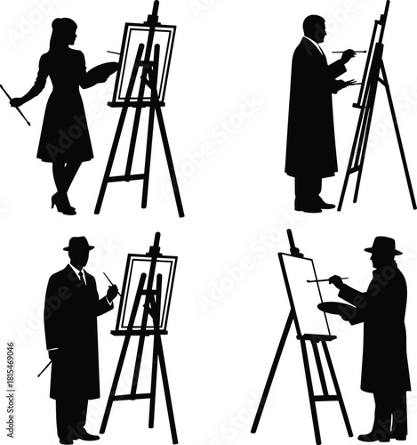 Set of four black silhouettes of artists painting on canvas with easels holding brushes and palettes isolated on white background.