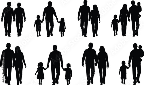 Set of family and couple silhouettes showing parents walking with children and partners holding hands isolated on white background vector illustration.