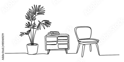 Continuous line interior scene with plant and chair isolated on transparent background, isolated on white background, Vector, illustration