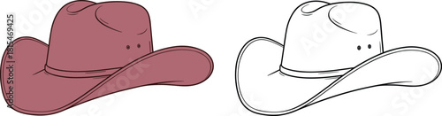 Cowboy hat illustration, colored and outline version, western fashion accessory, wide brim, cad drawing flat vector illustration