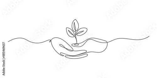 Continuous line art: hands nurturing a plant isolated on transparent background, isolated on white background, Vector, illustration