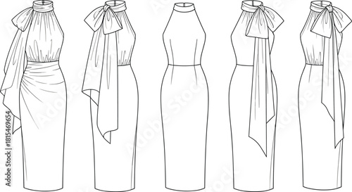 Elegant sleeveless dress fashion sketch, bow neckline, draped shoulder detail, garment design, cad drawing flat vector illustration