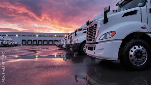 Fleet of pristine white semi-trucks parked at a distribution center with vibrant sunset reflection, concept for supply chain logistics, transportation solutions and freight management