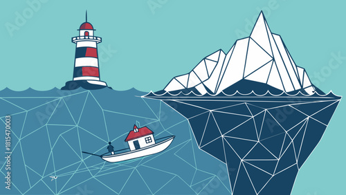 Abstract iceberg illusion diagram illustrates perception of reality with boat near lighthouse and geometric iceberg