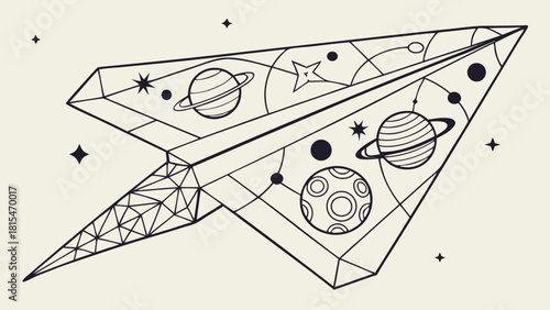 Abstract image of paper airplane featuring planets, stars, and cosmic elements, evoking sense of adventure and imagination