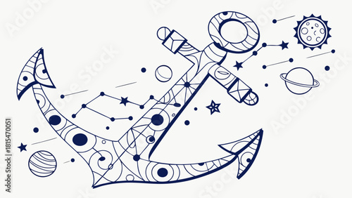 Abstract image of anchor with starry patterns and celestial elements, evoking sense of adventure and exploration