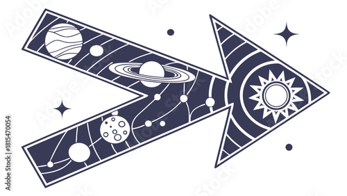 Abstract image of arrow featuring celestial bodies and stars, conveying sense of cosmic direction and exploration