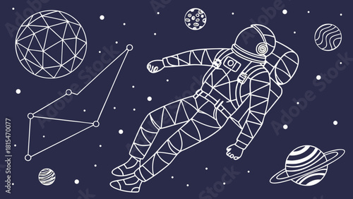 Abstract image of astronaut floating in space surrounded by planets and stars, evoking sense of wonder and exploration